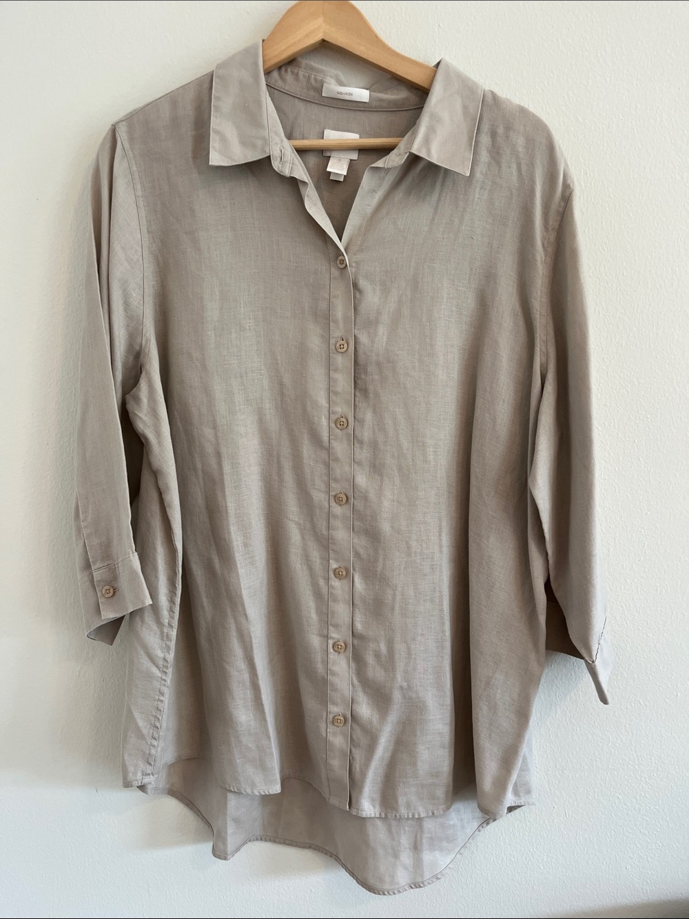 Chico's Linen Button-Up Shirt in Light Taupe Beige